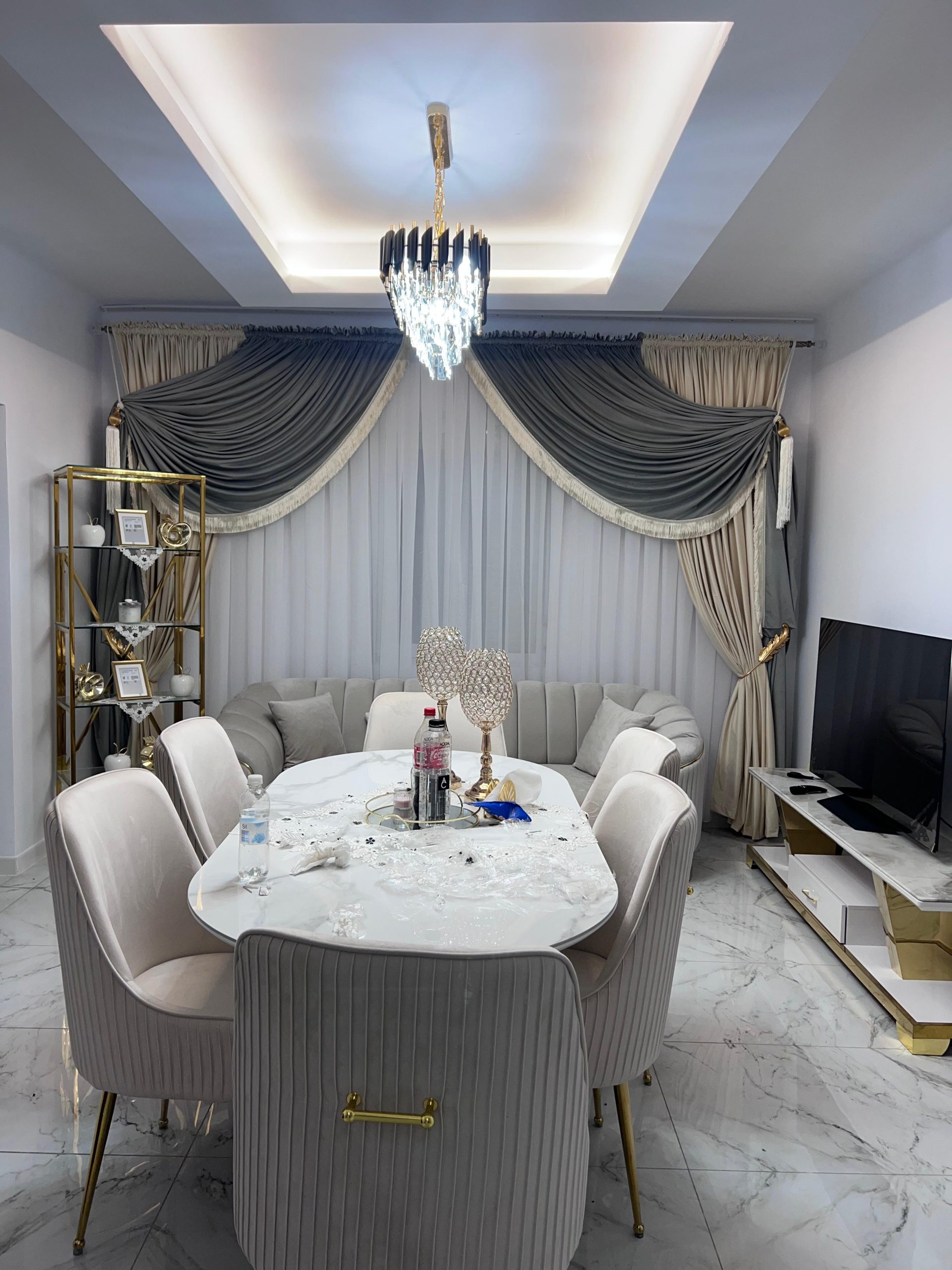 Draperie catifea crem 6 metri , Draperie gri 3 metri , Perdea tripluvoal alb 6 metri